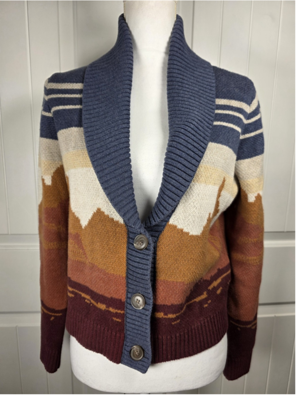 Pendleton Western Scenic Cardigan Women S Cowboy Horse Blue Rust Cotton Sweater - Picture 3 of 14